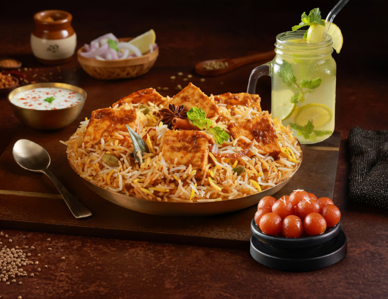 Paneer Handi Mughal Biryani + Gulab Jamun + Lemonade + Raita