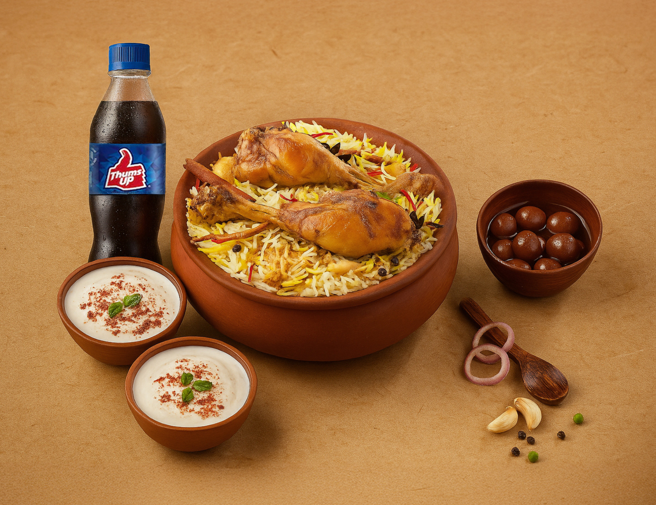 1 KG Tandoori Chicken Matka Biryani + Dessert + Thums Up