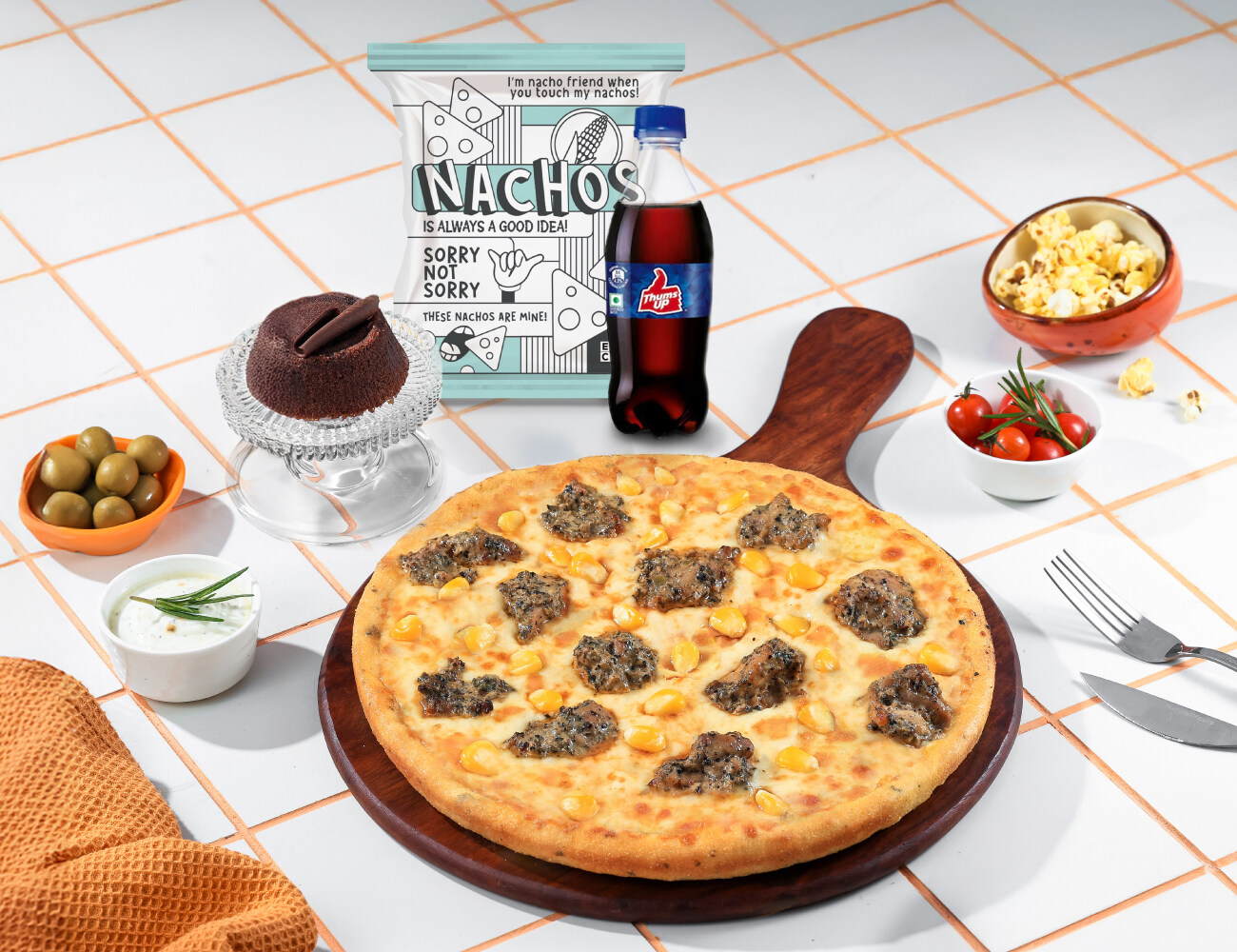 Corn Chicken Pizza [7" Regular]+ Chocolava+ Nachos+ Thums Up