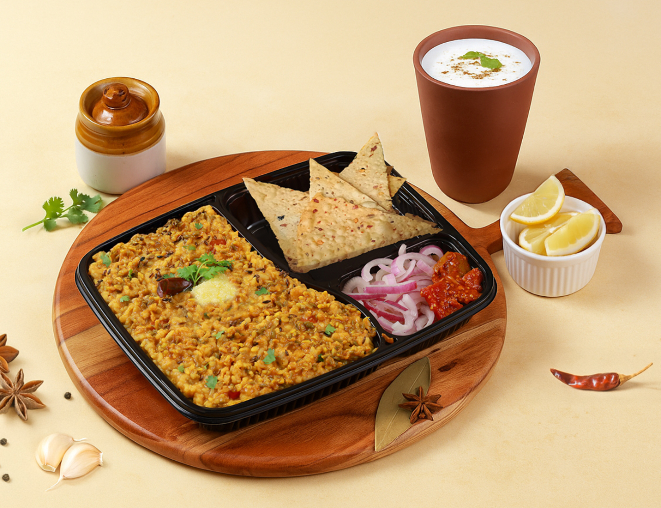 Ghee Moong Dal Khichdi + Masala Chaas