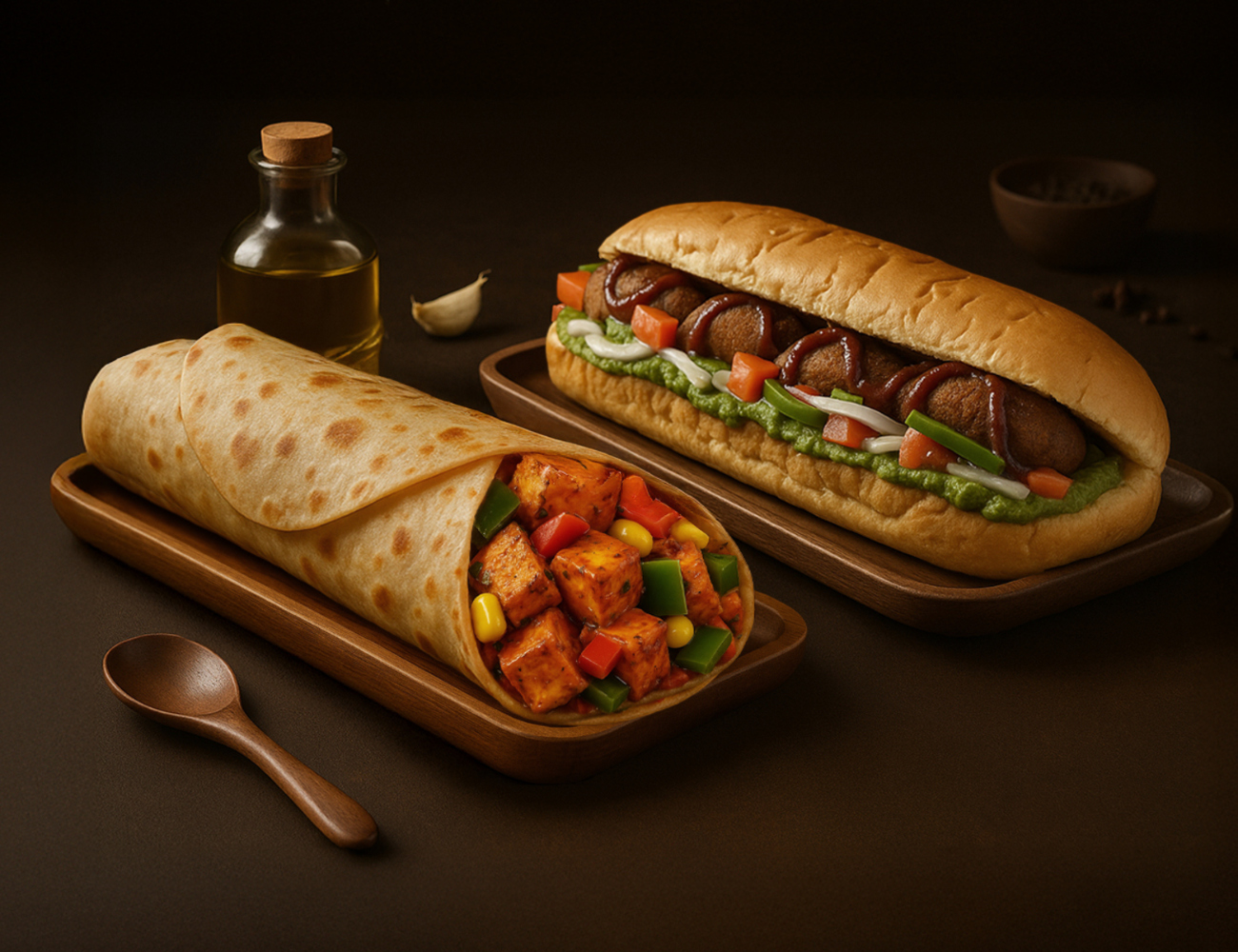 Smoky Tandoori Paneer Roll + Aloo Chaat Sandwich