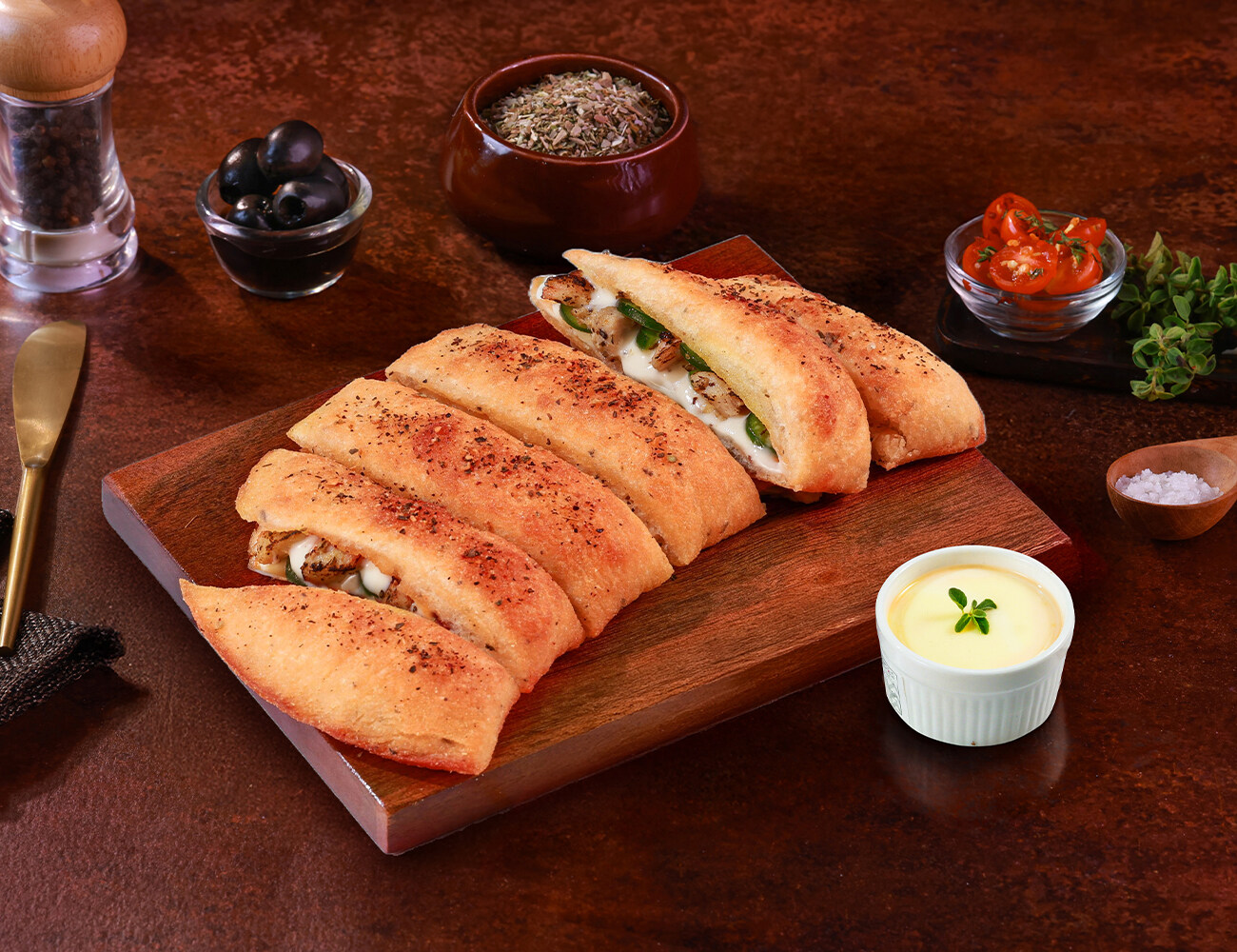 Chicken Herb Stuffed Garlic Breadsticks + Cheesy Dip [FREE]