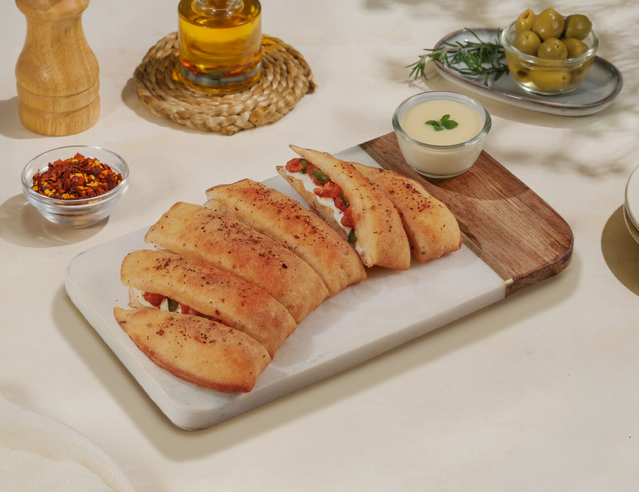 Chicken Peri Peri Stuffed Garlic Breadsticks + Cheesy Dip [FREE]