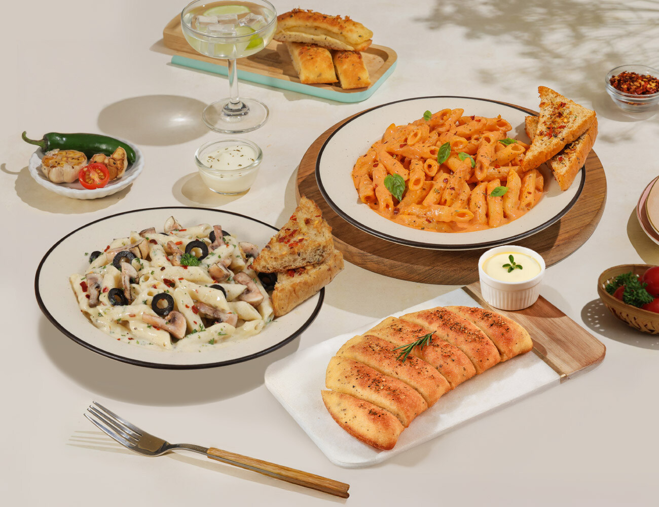 Any 2 Pastas [FREE Garlic Breadsticks + Cheesy Dip]