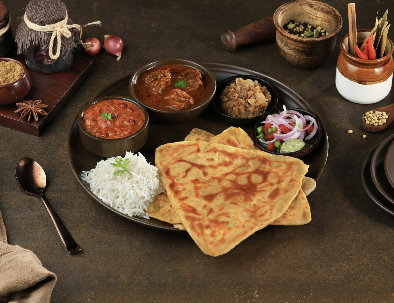 Dhaba-Style Mutton Curry Thali