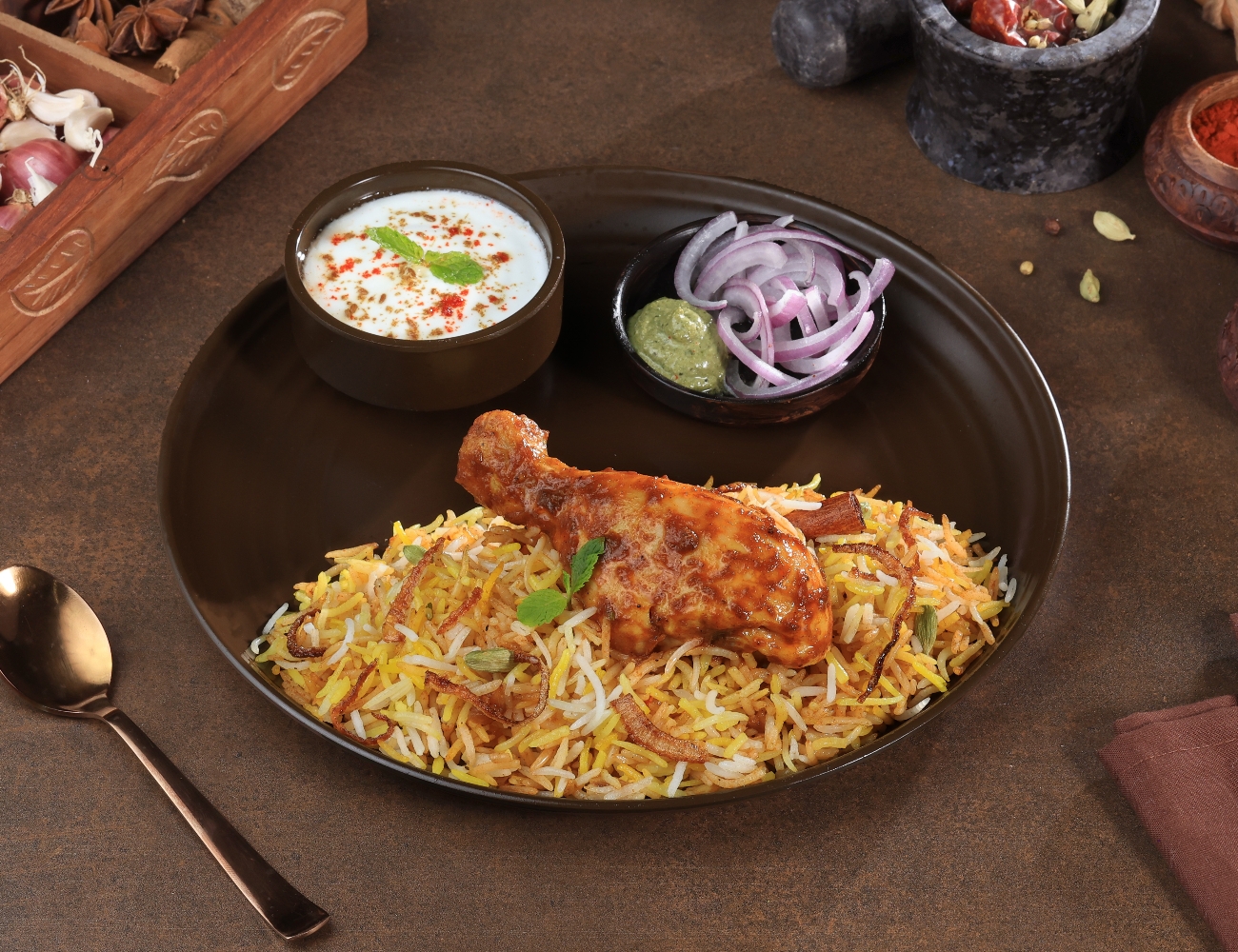 Chicken Tangdi Dum Biryani Thali